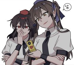 Rule 34 | 2girls, black necktie, brown hair, cellphone, covering own mouth, flip phone, hand over own mouth, highres, himekaidou hatate, laughing, looking down, multiple girls, necktie, phone, pom pom (clothes), red eyes, sakic43899, shameimaru aya, shirt, simple background, smug, touhou, white background, white shirt