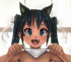 Rule 34 | 1girl, :d, animal ears, black hair, bow, cat ears, fang, female focus, francesca lucchini, highres, holding, holding clothes, holding panties, holding underwear, long hair, looking at viewer, open mouth, panties, unworn panties, robert knight, smile, solo, strike witches, underwear, upper body, white bow, white panties, world witches series
