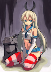 Rule 34 | 10s, 1girl, :3, bad id, bad pixiv id, bare shoulders, blonde hair, blue eyes, blush, elbow gloves, gloves, hairband, kantai collection, long hair, navel, personification, posidoc, rensouhou-chan, shimakaze (kancolle), skirt, solo, sticker, striped clothes, striped thighhighs, thighhighs, thong, v arms, white gloves