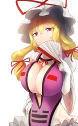 Rule 34 | 1girl, adapted costume, amekosame, bad id, bad twitter id, blonde hair, breasts, cleavage, cleavage cutout, clothing cutout, elbow gloves, hand fan, folding fan, fox tail, gloves, hair ribbon, hat, hat ribbon, highres, large breasts, long hair, looking at viewer, mob cap, one-hour drawing challenge, red ribbon, ribbon, smile, solo, tabard, tail, touhou, tress ribbon, underboob, upper body, white gloves, wide sleeves, yakumo yukari, yellow eyes