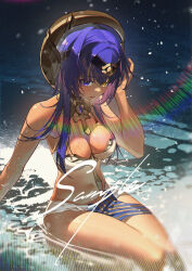 Rule 34 | 1girl, ankh, bare shoulders, blue eyes, blue hair, breasts, candace (genshin impact), cleavage, dark-skinned female, dark skin, egyptian clothes, eye of horus, forehead jewel, genshin impact, gold choker, hair ornament, heterochromia, highres, jewelry, large breasts, neck ring, open mouth, qingchunxiaoga, sample watermark, short hair with long locks, sidelocks, sitting, stomach, thighs, water, watermark, yellow eyes