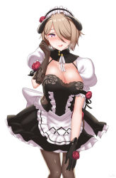 Rule 34 | 1girl, 1nilla&#039;, apron, black dress, black gloves, black pantyhose, blush, breasts, breath, brown eyes, brown hair, cleavage, dress, flower, frills, gloves, hair flower, hair ornament, hair over one eye, halter dress, halterneck, hand on own knee, heart, heart-shaped pupils, highres, hip vent, honkai (series), honkai impact 3rd, horns, large breasts, licking lips, lips, looking at viewer, maid, maid headdress, mole, mole under eye, naughty face, nose blush, pantyhose, pink lips, puffy short sleeves, puffy sleeves, red flower, red rose, ribbon, rita rossweisse, rita rossweisse (umbral rose), rose, short sleeves, simple background, solo, symbol-shaped pupils, tongue, tongue out, waist apron, white background, white ribbon