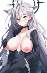 Rule 34 | 1girl, absurdres, animal ear fluff, animal ears, black choker, black dress, black gloves, blue archive, blush, breasts, breasts out, broken halo, choker, cross hair ornament, dark halo, dress, extra ears, gloves, grey hair, hair ornament, halo, highres, large breasts, looking at viewer, mismatched pupils, nipples, otakummm, shiroko (blue archive), shiroko terror (blue archive), solo, wolf ears