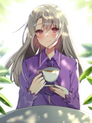 1girl blush closed_mouth collared_shirt cup fate/stay_night fate_(series) holding holding_cup illyasviel_von_einzbern long_hair long_sleeves looking_at_viewer purple_shirt red_eyes sakura_(tariliko) shirt smile solo table tea teacup white_hair