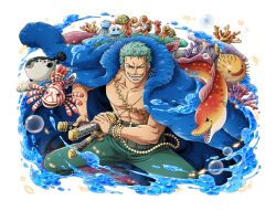 Rule 34 | 1boy, blue coat, coat, earrings, fish, green hair, green pants, jellyfish, jewelry, lionfish, looking at viewer, multiple weapons, official art, one piece, one piece treasure cruise, open clothes, open coat, open mouth, pants, puffer fish, roronoa zoro, scar, scar across eye, scar on chest, scar on face, seahorse, short hair, teeth, turtle