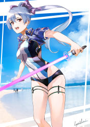 Rule 34 | 1girl, :o, absurdres, blue one-piece swimsuit, blurry, blurry background, bow, breasts, commentary request, competition swimsuit, dual wielding, energy sword, fate/grand order, fate (series), hair between eyes, hair bow, highres, holding, holding sword, holding weapon, jacket, long hair, looking at viewer, medium breasts, mitsudomoe (shape), multicolored clothes, multicolored swimsuit, one-piece swimsuit, ponytail, purple bow, purple jacket, purple one-piece swimsuit, red eyes, shrug (clothing), signature, silver hair, solo, swimsuit, sword, thigh strap, tomoe (symbol), tomoe gozen (fate), tomoe gozen (swimsuit saber) (fate), tomoe gozen (swimsuit saber) (first ascension) (fate), vegetablenabe, weapon, white one-piece swimsuit
