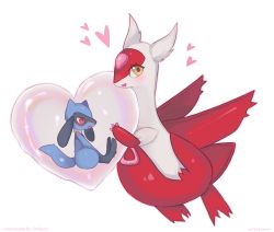 Rule 34 | 1boy, 1girl, aliceyawnin, artist name, blush, bubble, commission, creatures (company), english text, floating, from side, full body, furry, game freak, gen 3 pokemon, gen 4 pokemon, happy, heart, latias, legendary pokemon, light blush, looking at another, looking at viewer, nintendo, open mouth, outline, pink outline, pokemon, pokemon (creature), red eyes, riolu, sideways mouth, simple background, sitting, smile, watermark, white background, yellow eyes