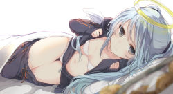 Rule 34 | 1girl, black eyes, blue hair, blurry, bra, breasts, brown eyes, clothes pull, collarbone, depth of field, fake halo, halo, highres, jitto mitsumeru kimi wa datenshi, kojiki-life, looking at viewer, lying, navel, on bed, on side, open clothes, panties, pants, pants pull, scan, sleeves past wrists, small breasts, solo, thigh gap, underwear, white bra, white panties, white wings, wings
