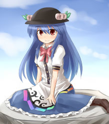 Rule 34 | 1girl, blue hair, female focus, hat, hinanawi tenshi, outdoors, ran (9ens2000), red eyes, sitting, skirt, sky, smile, solo, touhou, when you see it