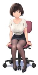 Rule 34 | 1girl, black footwear, black pantyhose, black skirt, breasts, brown eyes, brown hair, closed mouth, commentary request, full body, highres, large breasts, office lady, on chair, original, pantyhose, pencil skirt, shirt, short hair, short sleeves, sitting, skirt, solo, swivel chair, wa (genryusui), white background, white shirt