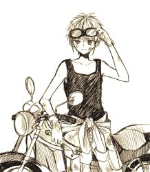 Rule 34 | 1boy, adjusting goggles, anzu (o6v6o), bandaid, bandaid on cheek, bandaid on face, collarbone, dirty, dirty clothes, dirty face, genderswap, genderswap (ftm), gloves, goggles, goggles on head, gumiya, holding, holding wrench, jumpsuit, jumpsuit around waist, light smile, male focus, monochrome, motor vehicle, motorcycle, sepia, simple background, solo, tank top, vocaloid, white background, wrench