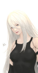 Rule 34 | 1girl, android, black bodysuit, blue eyes, bodysuit, breasts, character name, closed mouth, commentary, grey hair, hair between eyes, large breasts, long hair, looking at viewer, nier (series), nier:automata, simple background, siun, solo, tears, upper body, white background, a2 (nier:automata)