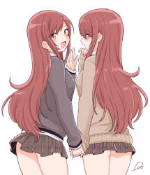 Rule 34 | blush, brown hair, brown skirt, brown sweater, closed mouth, collared shirt, facing away, flip (diiolive), grey sweater, hand on own face, hand up, holding hands, idolmaster, idolmaster shiny colors, long hair, looking at viewer, looking back, miniskirt, open mouth, osaki amana, osaki tenka, plaid, plaid skirt, school uniform, shirt, siblings, signature, simple background, sisters, skirt, smile, sweater, thighs, twins, waving, white background, white shirt, yellow eyes