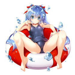 Rule 34 | 1girl, armpits, bare arms, bare legs, bare shoulders, barefoot, blue eyes, blue hair, blue one-piece swimsuit, blush, breasts, closed mouth, collarbone, commentary request, digitan, finger to mouth, full body, hair between eyes, hair ribbon, highres, lifebuoy, long hair, looking at viewer, lying, old school swimsuit, on back, one-piece swimsuit, original, red ribbon, ribbon, school swimsuit, signature, simple background, small breasts, smile, solo, spread legs, swim ring, swimsuit, tareme, twintails, very long hair, water drop, white background, yanagi yuu