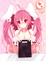 Rule 34 | 1girl, animal ears, antenna hair, bare shoulders, bespectacled, blush, breasts, rabbit ears, choker, cleavage, clipboard, di gi charat, female focus, frills, glasses, hair ornament, heart, highres, lace, lace-trimmed skirt, lace trim, large breasts, long hair, looking at viewer, miniskirt, pink hair, pink skirt, rara419, red eyes, ribbon choker, skirt, smile, solo, spoken heart, twintails, usada hikaru