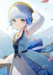 Rule 34 | 1girl, arm up, ayaka (genshin impact), blue eyes, blue hair, blue jacket, blurry, blurry background, braid, brown headwear, butterfly hair ornament, closed mouth, commentary request, day, depth of field, dress, flower, genshin impact, hair flower, hair ornament, hand on headwear, highres, jacket, kamisato ayaka, kamisato ayaka (springbloom missive), long sleeves, looking at viewer, mole, mole under eye, official alternate costume, official alternate hairstyle, outdoors, petals, puffy long sleeves, puffy sleeves, railing, segawa luna, smile, solo, white dress, white flower