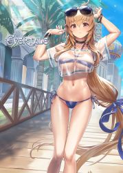 Rule 34 | 1girl, ahoge, beach, bikini, blue sky, bow, bowtie, bracelet, brown eyes, brown hair, choker, closed mouth, cloud, cloudy sky, collarbone, commentary request, copyright name, cuboon, day, evertale, eyewear on head, highres, jewelry, long hair, low-tied long hair, navel, o-ring, o-ring bikini, ocean, official art, outdoors, palm leaf, palm tree, rizette, see-through, short sleeves, side-tie bikini bottom, simple background, sky, solo, stomach, sunglasses, sunlight, swimsuit, thighs, tree, water