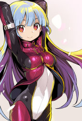 Rule 34 | 1girl, arm belt, arms behind head, arms up, blue hair, blush, bodysuit, breasts, closed mouth, cropped jacket, gloves, gradient hair, grey background, jacket, kula diamond, long hair, looking at viewer, medium breasts, multicolored hair, navel, onono imoko, open mouth, purple hair, red eyes, smile, snk, solo, the king of fighters, the king of fighters xiv, two-tone hair