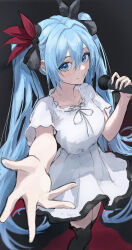 Rule 34 | 1girl, absurdres, black ribbon, black thighhighs, blue eyes, blue hair, blush, breasts, closed mouth, collarbone, dress, feet out of frame, hair ribbon, hatsune miku, highres, holding, holding microphone, long hair, looking at viewer, matsogum, medium breasts, microphone, outstretched arm, ribbon, short sleeves, smile, solo, standing, thighhighs, twintails, very long hair, vocaloid, white dress, world is mine (vocaloid), zettai ryouiki