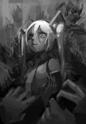 Rule 34 | 1girl, absurdres, greyscale, hair between eyes, hatsune miku, highres, long hair, looking up, monochrome, necktie, smile, solo, too many, topdylan, twintails, vocaloid