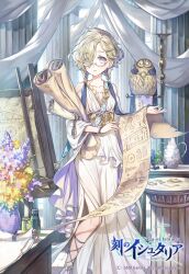 Rule 34 | 1girl, age of ishtaria, bird, bottle, braid, collarbone, column, copyright name, copyright notice, dress, flower, glasses, highres, ictinus (age of ishtaria), indoors, looking at viewer, munlu (wolupus), open mouth, paper, pillar, solo, standing, table, twin braids, vase, white dress