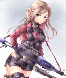 Rule 34 | 1girl, ammunition box, black gloves, breasts, brown hair, bullet, collar, commentary request, crop top, folding, gloves, gradient background, grenade launcher, grey background, grey eyes, gun, gun sling, highres, holding, holding gun, holding weapon, long sleeves, looking at viewer, medium breasts, neit ni sei, original, parted bangs, scope, shorts, sketch, skull and crossbones, solo, tactical clothes, thigh strap, thighhighs, trigger discipline, two side up, underbarrel grenade launcher, vest, weapon, zettai ryouiki