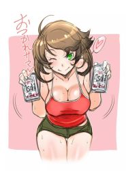 Rule 34 | 10s, 1girl, alcohol, bad id, bad twitter id, beer, breasts, brown hair, casual, check translation, cleavage, green eyes, kantai collection, mutsu (kancolle), one eye closed, short hair, short shorts, shorts, solo, tank top, translated, translation request, wolf (raidou-j)