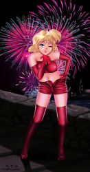 Rule 34 | 1990s (style), 1girl, bare shoulders, blonde hair, blowing kiss, bob cut, boots, breasts, elbow gloves, eyelashes, fireworks, full body, gloves, gunsmith cats, hand on own hip, highres, katzueki, lips, midriff, minnie may hopkins, navel, one eye closed, open fly, red gloves, red thighhighs, retro artstyle, short hair, short shorts, shorts, solo, strapless, thigh boots, thighhighs, tube top, unzipped