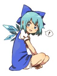 Rule 34 | !, 1girl, :d, bad id, bad twitter id, barefoot, bloomers, blue bow, blue dress, blue eyes, blue hair, bow, cirno, dress, from side, full body, hair bow, ice, indian style, neck ribbon, open mouth, puffy short sleeves, puffy sleeves, red ribbon, ribbon, sasa kichi, short hair, short sleeves, simple background, sitting, smile, solo, spoken exclamation mark, toes, touhou, underwear, white background