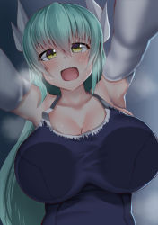 Rule 34 | 1girl, :d, against glass, aqua hair, armpits, breast press, breasts, breath, collarbone, dragon horns, elbow gloves, fate/grand order, fate (series), gloves, hair between eyes, highres, horns, kitajima yuuki, kiyohime (fate), kiyohime (swimsuit lancer) (second ascension) (fate), large breasts, long hair, looking at viewer, one-piece swimsuit, open mouth, pov, smile, solo, sweat, swimsuit, very long hair, white gloves, yellow eyes
