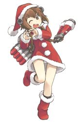 Rule 34 | 1girl, ;d, binoculars, boots, brown eyes, brown hair, christmas, commentary request, dress, full body, fur-trimmed dress, fur trim, hat, headgear, heart, heart hands, highres, kantai collection, leg up, long sleeves, looking at viewer, one eye closed, open mouth, panties, pantyshot, red dress, red footwear, red hat, rigging, santa boots, santa dress, santa hat, short dress, short hair, simple background, smile, solo, standing, standing on one leg, tewarusa, torpedo tubes, transparent background, underwear, white background, white panties, yukikaze (kancolle)