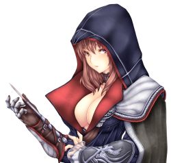 Rule 34 | 1girl, assassin&#039;s creed, assassin&#039;s creed (series), belt, blade, breasts, brown eyes, brown hair, cape, choker, cleavage, ezio auditore da firenze, genderswap, genderswap (mtf), gloves, concealed weapon, hidden blade (assassin&#039;s creed), hood, large breasts, no bra, short hair, solo, transparent background, vambraces, weapon, yui.h