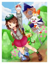 Rule 34 | 1girl, :d, backpack, bag, brown eyes, brown hair, bush, closed eyes, cloud, cloudy sky, commentary request, creatures (company), d:, day, fangs, full body, game freak, gen 8 pokemon, gloria (pokemon), green hat, grookey, gym, hand up, hat, highres, holding, holding poke ball, long sleeves, monaka (monaka alola), nintendo, open mouth, outdoors, poke ball, poke ball (basic), pokemon, pokemon (creature), pokemon swsh, scorbunny, shirt, short hair, sky, smile, sobble, starter pokemon trio, tam o&#039; shanter, teeth, upper teeth only, victory pose