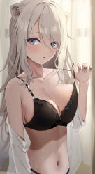 Rule 34 | 1girl, absurdres, alternate costume, animal ears, armpit crease, black bra, black nails, black panties, blush, bra, breasts, cleavage, commentary request, grey eyes, grey hair, hair between eyes, highres, hololive, lace, lace-trimmed bra, lace trim, large breasts, lion ears, lion girl, long hair, looking at viewer, nail polish, navel, panties, parted lips, shishiro botan, sidelocks, solo, stomach, strap pull, underwear, virtual youtuber, yamamoto (ymmt is sexy)