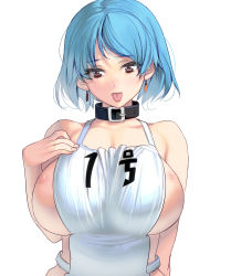 Rule 34 | 1girl, apron, bare shoulders, belt collar, blue hair, breasts, brown eyes, collar, highres, kouno (masao), large breasts, mature female, naked apron, nipples, original, short hair, sideboob, simple background, solo, tongue, upper body, white background