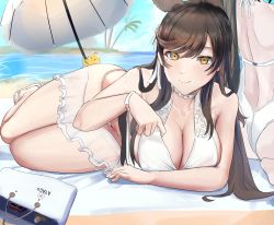 Rule 34 | 1girl, atago (azur lane), atago (summer march) (azur lane), azur lane, bag, beach, beach umbrella, bikini, breasts, brown hair, cafenami, character name, choker, cleavage, clothes pull, extra ears, flower, full body, hair flower, hair ornament, large breasts, long hair, looking at viewer, lying, manjuu (azur lane), mole, mole under eye, official alternate costume, on side, pulled by self, ribbon, sarong, smile, solo, swept bangs, swimsuit, takao (azur lane), takao (beach rhapsody) (azur lane), umbrella, water, white bikini, white choker, white ribbon, white sarong, yellow eyes