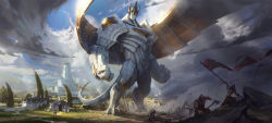 Rule 34 | 1girl, 6+boys, animal, arm up, arms up, building, clenched hands, closed mouth, cloud, commentary, day, dress, fire, flag, fleeing, galio, giant, grass, helmet, highres, holding, holding flag, hole, house, league of legends, multiple boys, outdoors, pitchfork, plant, sky, smoke, standing, stream, tail, tower, tree, victor maury, water, white dress, windmill, wings