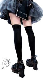 Rule 34 | 1girl, amane misa, black gloves, black thighhighs, book, dated, death note, death note (object), frilled skirt, frills, gloves, hejin, high heels, highres, holding, legs, shoes, signature, simple background, skirt, solo, thighhighs, white background, zettai ryouiki