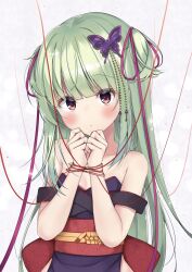 Rule 34 | 1girl, bare shoulders, bell, blunt bangs, blush, bound, bound wrists, breasts, butterfly hair ornament, clenched hands, closed mouth, collarbone, commentary, dress, eyelashes, eyes visible through hair, frown, green hair, hair bell, hair ornament, hair ribbon, hands up, head tilt, highres, hime cut, long hair, looking at viewer, murasame (senren), purple dress, purple ribbon, red eyes, red ribbon, ribbon, senren banka, simple background, sleeveless, sleeveless dress, small breasts, solo, straight hair, two side up, upper body, upturned eyes, very long hair, white background, yosh1na