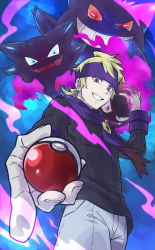 Rule 34 | 1boy, black sweater, blonde hair, commentary request, creatures (company), energy, from below, game freak, gastly, gen 1 pokemon, gengar, grin, hand up, haunter, headband, highres, holding, holding poke ball, looking down, male focus, morty (pokemon), nintendo, pants, pkpokopoko3, poke ball, poke ball (basic), pokemon, pokemon (creature), pokemon hgss, purple eyes, purple headband, purple scarf, scarf, short hair, smile, sweater, teeth, white pants