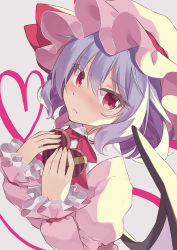 Rule 34 | 1girl, bat wings, beni kurage, blush, bow, bowtie, box, closed mouth, commentary request, dress, gift, grey background, hair between eyes, hat, hat bow, heart, heart-shaped box, highres, holding, holding box, holding gift, long sleeves, looking at viewer, mob cap, pink dress, pink hat, purple hair, red bow, red bowtie, red eyes, remilia scarlet, short hair, simple background, solo, touhou, upper body, wings