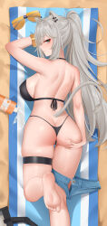 Rule 34 | 1girl, absurdres, ahoge, animal ear fluff, animal ears, ass, ass grab, back, barefoot, beach towel, bikini, black bikini, bracelet, breasts, butt crack, closed mouth, earrings, unworn eyewear, from behind, grabbing own ass, grey eyes, grey hair, high ponytail, highres, hololive, jewelry, large breasts, lion ears, lion girl, lion tail, long hair, looking back, lotion bottle, lying, micro shorts, on stomach, partially visible vulva, shishiro botan, shorts, unworn shorts, smile, solo, spill, sunglasses, swimsuit, tail, toes, towel, virtual youtuber, wei xiao