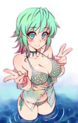 Rule 34 | 1girl, aqua eyes, bare shoulders, bikini, blush, breasts, choker, cleavage, collarbone, double v, dress shirt, female focus, fingernails, front-tie top, gradient background, gradient hair, green hair, highres, kusanagi tonbo, large breasts, looking at viewer, multicolored hair, navel, nipples, off shoulder, original, pink hair, revealing clothes, shirt, side-tie bikini bottom, smile, solo, standing, sweatdrop, swimsuit, two-tone hair, unbuttoned, v, wading