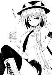 Rule 34 | 1girl, ai takurou, alternate costume, bag, bare shoulders, beer can, blush, boots, bow, bra, breasts, buttons, can, drink can, eyebrows, greyscale, hair between eyes, handbag, hat, hat bow, holding, holding can, knee boots, knees up, looking at viewer, medium breasts, monochrome, navel, necktie, no panties, short hair with long locks, sidelocks, simple background, sitting, sketch, skirt, sleeveless, smile, solo, thighhighs, touhou, translated, underwear, usami renko, white background