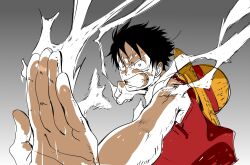 Rule 34 | 1boy, black hair, clenched hand, clenched teeth, commentary request, gradient background, grey background, hat, highres, kojima takashi, looking ahead, male focus, monkey d. luffy, one piece, red shirt, scar, scar on face, shirt, short hair, smoke, solo, straw hat, teeth, upper body