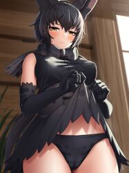 Rule 34 | 1girl, animal ear fluff, animal ears, animal print, bare shoulders, black hair, black serval (kemono friends), blush, bow, bowtie, breast pocket, breasts, cameltoe, cat ears, cleft of venus, closed mouth, clothes lift, covered erect nipples, deku suke, elbow gloves, eyelashes, gloves, hair between eyes, hands up, high-waist skirt, highres, kemono friends, kemono friends 3, large breasts, lifting own clothes, long hair, looking at viewer, multicolored hair, panties, pocket, print bow, print bowtie, print gloves, print panties, print scarf, print skirt, ringed eyes, scarf, serval print, shirt, short hair, skirt, skirt lift, sleeveless, sleeveless shirt, solo, sweat, taut clothes, taut shirt, underwear, very long hair, yellow eyes