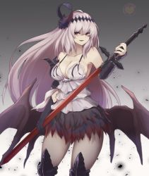 Rule 34 | 1girl, armor, bare shoulders, black gloves, breasts, cleavage, collarbone, demon girl, demon wings, feathers, frills, gloves, gradient background, granblue fantasy, greaves, hair between eyes, highres, holding, holding sword, holding weapon, horns, jeanne d&#039;arc (granblue fantasy), large breasts, light purple hair, long hair, low wings, parted lips, red eyes, single horn, smile, solo, sword, vambraces, weapon, wings, yonaga san