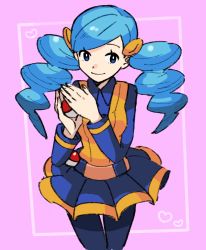 Rule 34 | 1girl, ace trainer (pokemon), belt, black pantyhose, blue eyes, blue hair, closed mouth, collared shirt, creatures (company), drill hair, eyelashes, framed, game freak, hands up, heart, highres, holding, holding poke ball, kokesa kerokero, long hair, long sleeves, looking at viewer, nintendo, npc trainer, pantyhose, pink background, pleated skirt, poke ball, pokemon, pokemon bw, shirt, skirt, smile, solo, twin drills, twintails