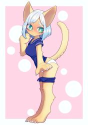 Rule 34 | 1girl, animal ears, barefoot, blue shirt, blue shorts, blush, cat ears, cat girl, cat tail, clothes pull, female focus, furry, furry female, green eyes, panties, shirt, shorts, shorts pull, simple background, solo, standing, tail, underwear, unousaya, white hair, white panties