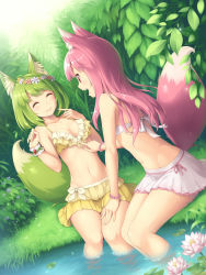 Rule 34 | 2girls, :d, ^ ^, animal ear fluff, animal ears, bikini, bikini skirt, bracelet, breasts, cleavage, closed eyes, commentary request, day, closed eyes, flower, forest, fox ears, fox tail, frilled bikini, frills, grass, green hair, hair flower, hair ornament, highres, jewelry, medium breasts, multiple girls, nature, navel, open mouth, original, outdoors, pink hair, pointing, pointing at self, profile, red eyes, sasaame, scrunchie, short hair, sitting, smile, soaking feet, swimsuit, tail, tree, water, white bikini, wrist scrunchie, yellow bikini